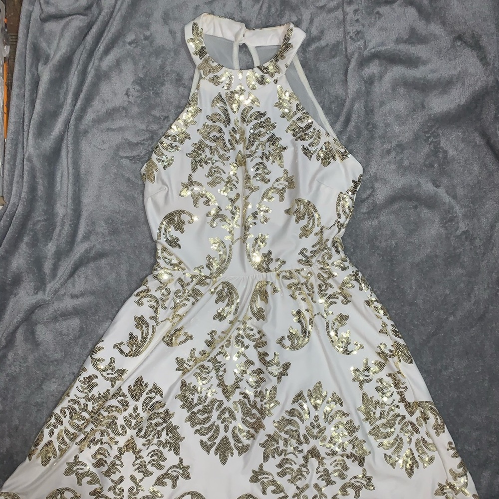 White and gold sequined cocktail dress